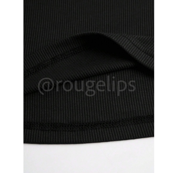 Black Rib-Knit Cutout Long Sleeve Fitted Tee Shirt Top - Picture 6 of 9